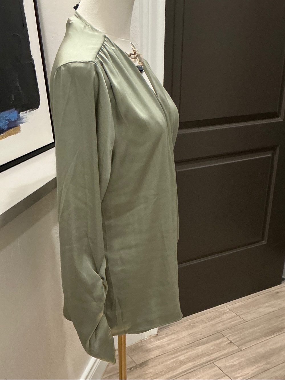 White House Black Market Sage Green Satin Wrap-Style Blouse - Picture 3 of 5